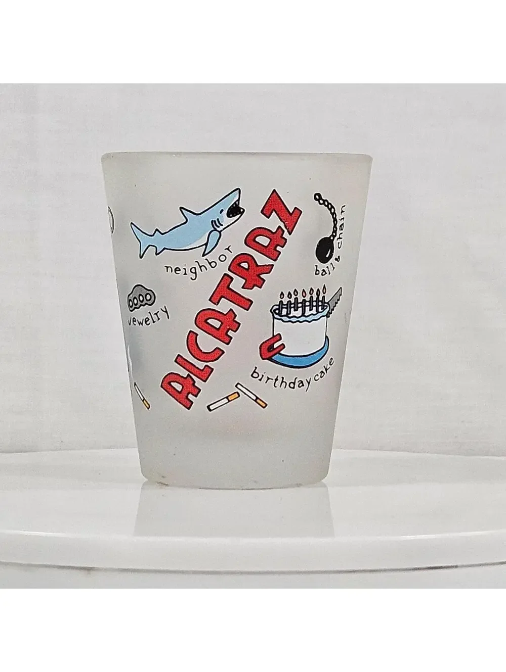 Vintage Alcatraz Frosted Shot Glass Prison Humor Novelty San Francisco Souvenir